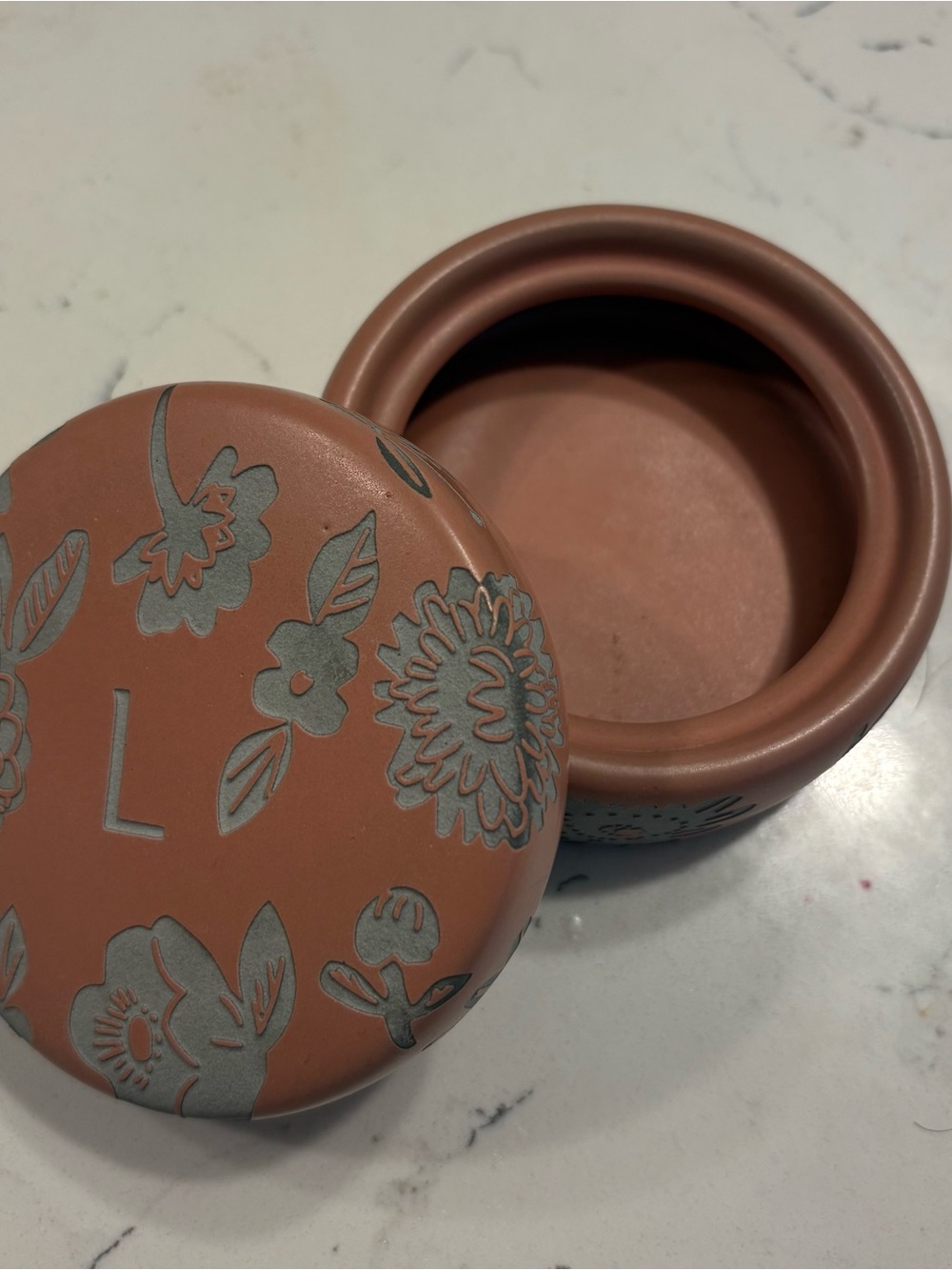 Anthropologie Matte Terracotta Floral Trinket Jar with Gray Accents